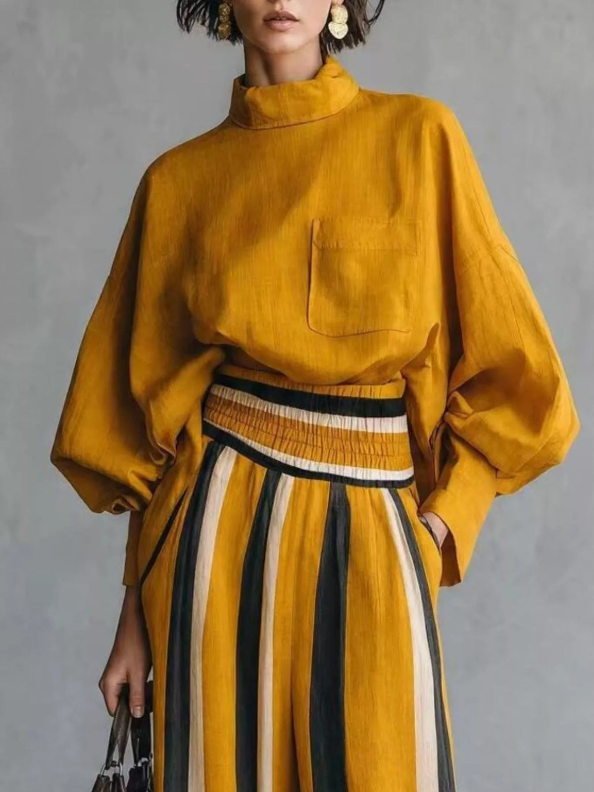 Mock Neck Top & Striped Wide-Leg Pants Set