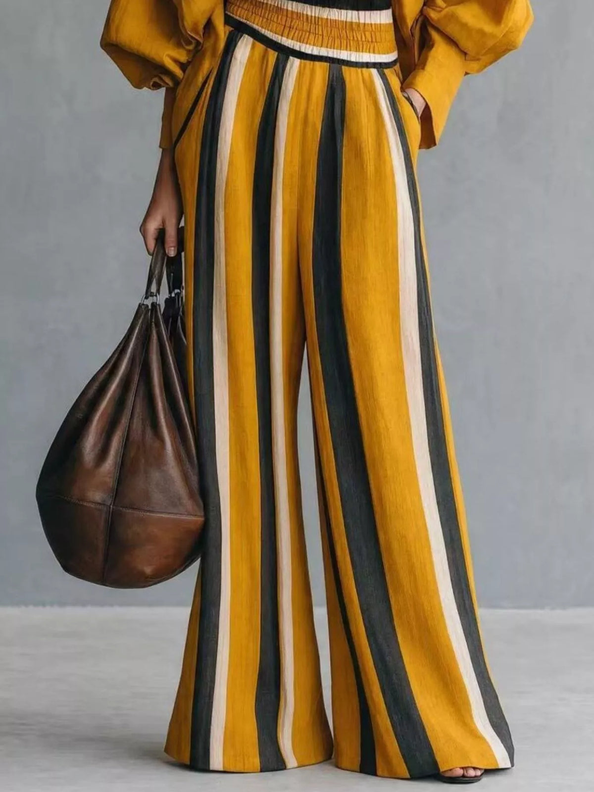 Mock Neck Top & Striped Wide-Leg Pants Set