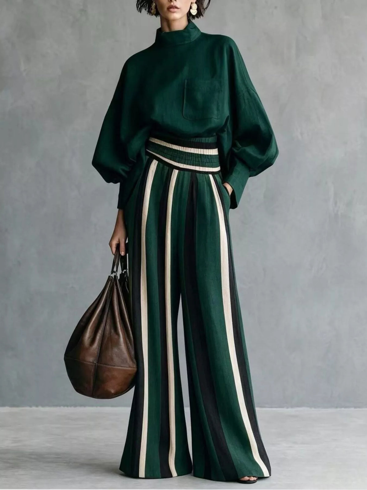 Mock Neck Top & Striped Wide-Leg Pants Set