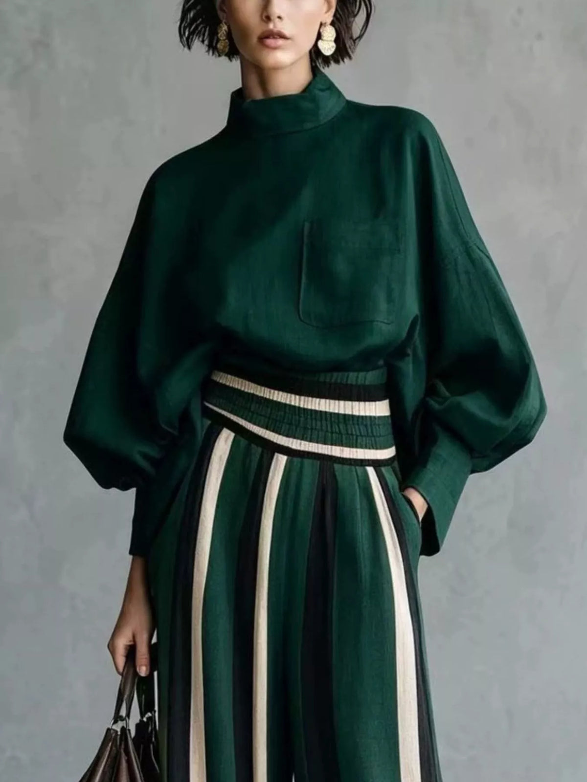 Mock Neck Top & Striped Wide-Leg Pants Set
