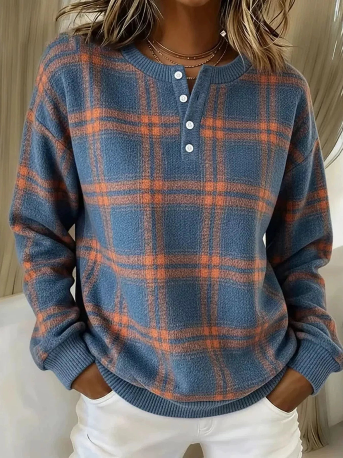 Plaid Button Detail Long Sleeve Sweatshirt
