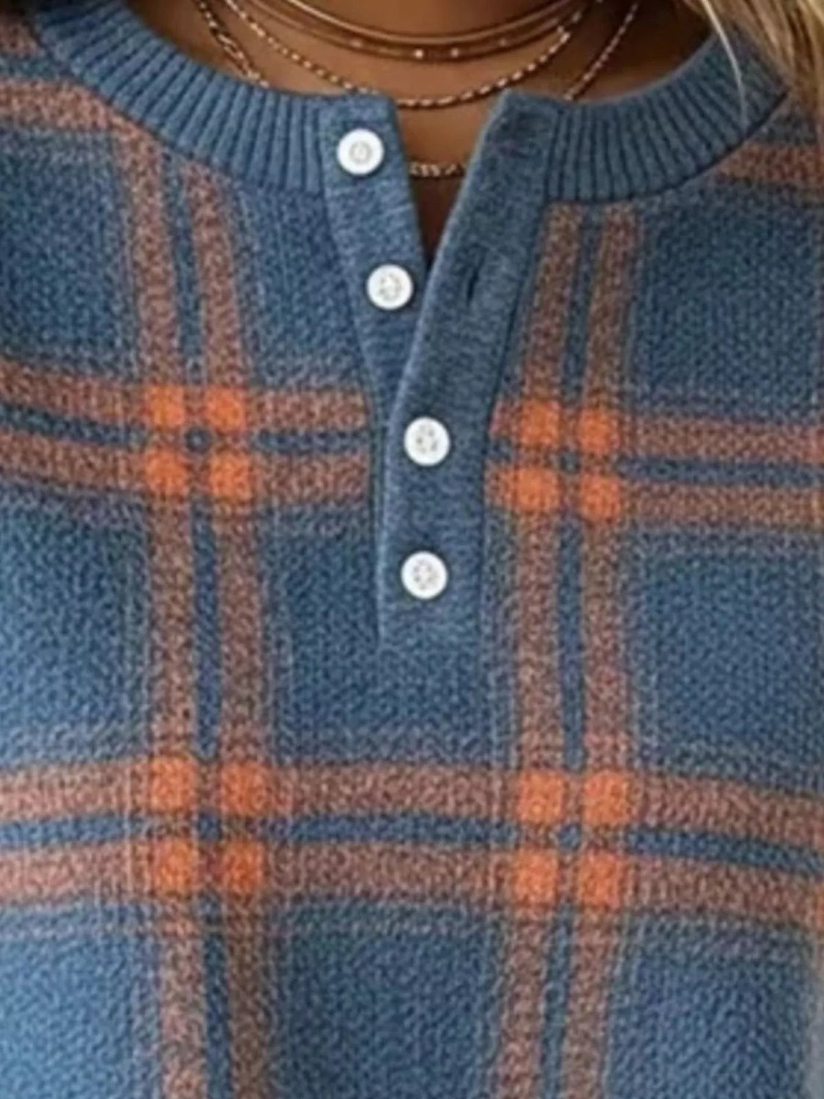 Plaid Button Detail Long Sleeve Sweatshirt