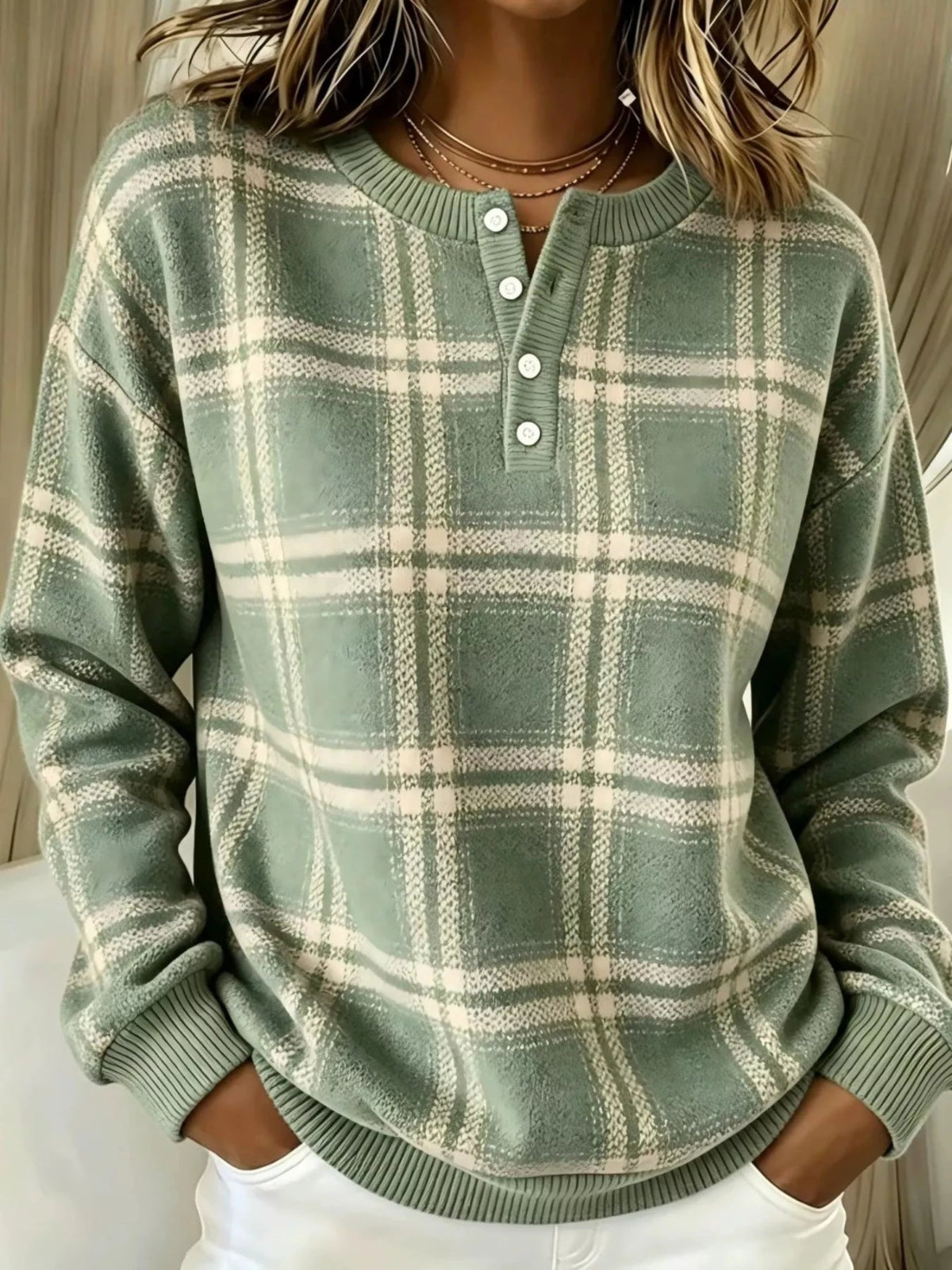 Plaid Button Detail Long Sleeve Sweatshirt