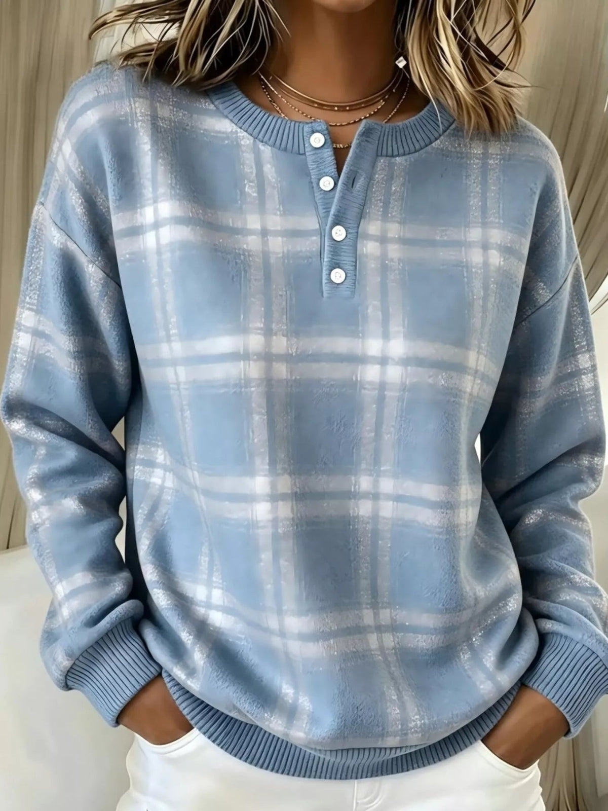 Plaid Button Detail Long Sleeve Sweatshirt