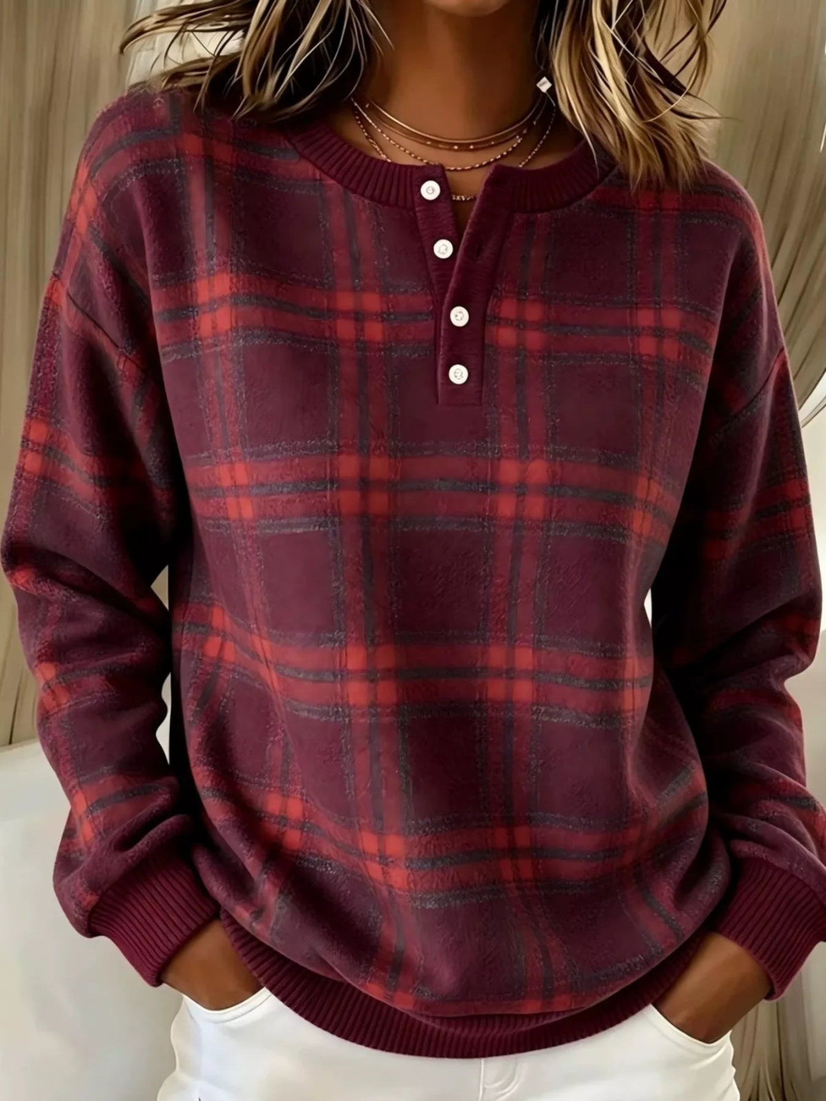 Plaid Button Detail Long Sleeve Sweatshirt