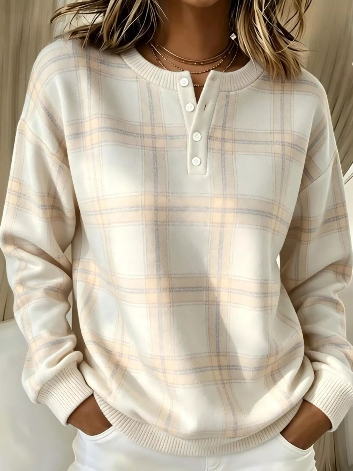 Plaid Button Detail Long Sleeve Sweatshirt