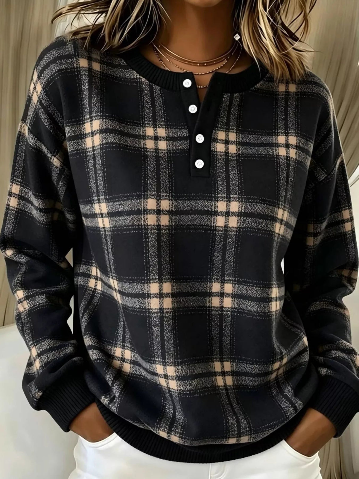 Plaid Button Detail Long Sleeve Sweatshirt