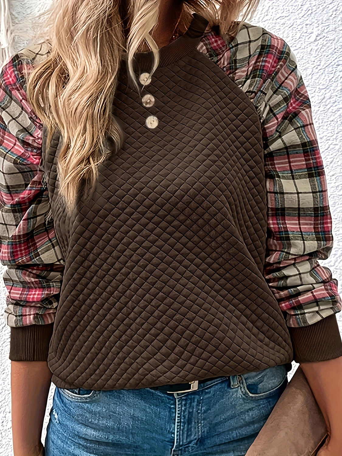 Plaid Round Neck Sweatshirt | Deb Shops