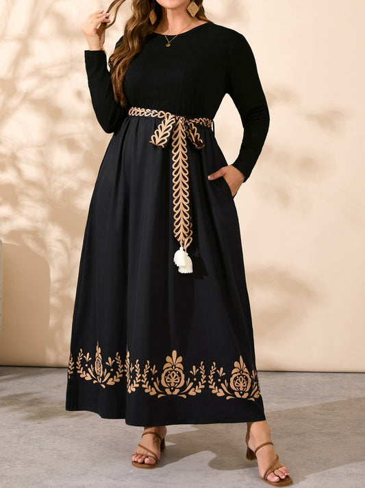 Plus Size Printed Hem Round Neck Long Sleeve Dress - Deb Shops