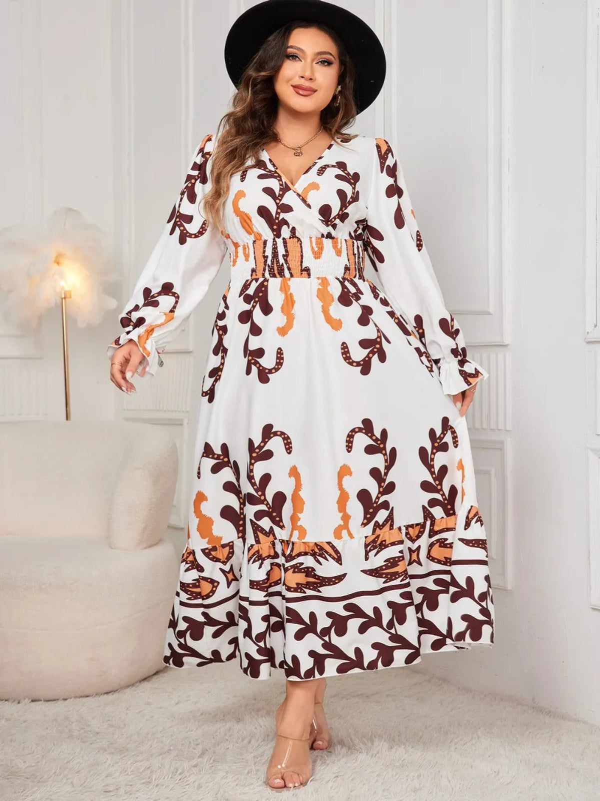 Plus Size Printed Surplice Dress with Flounce Sleeves