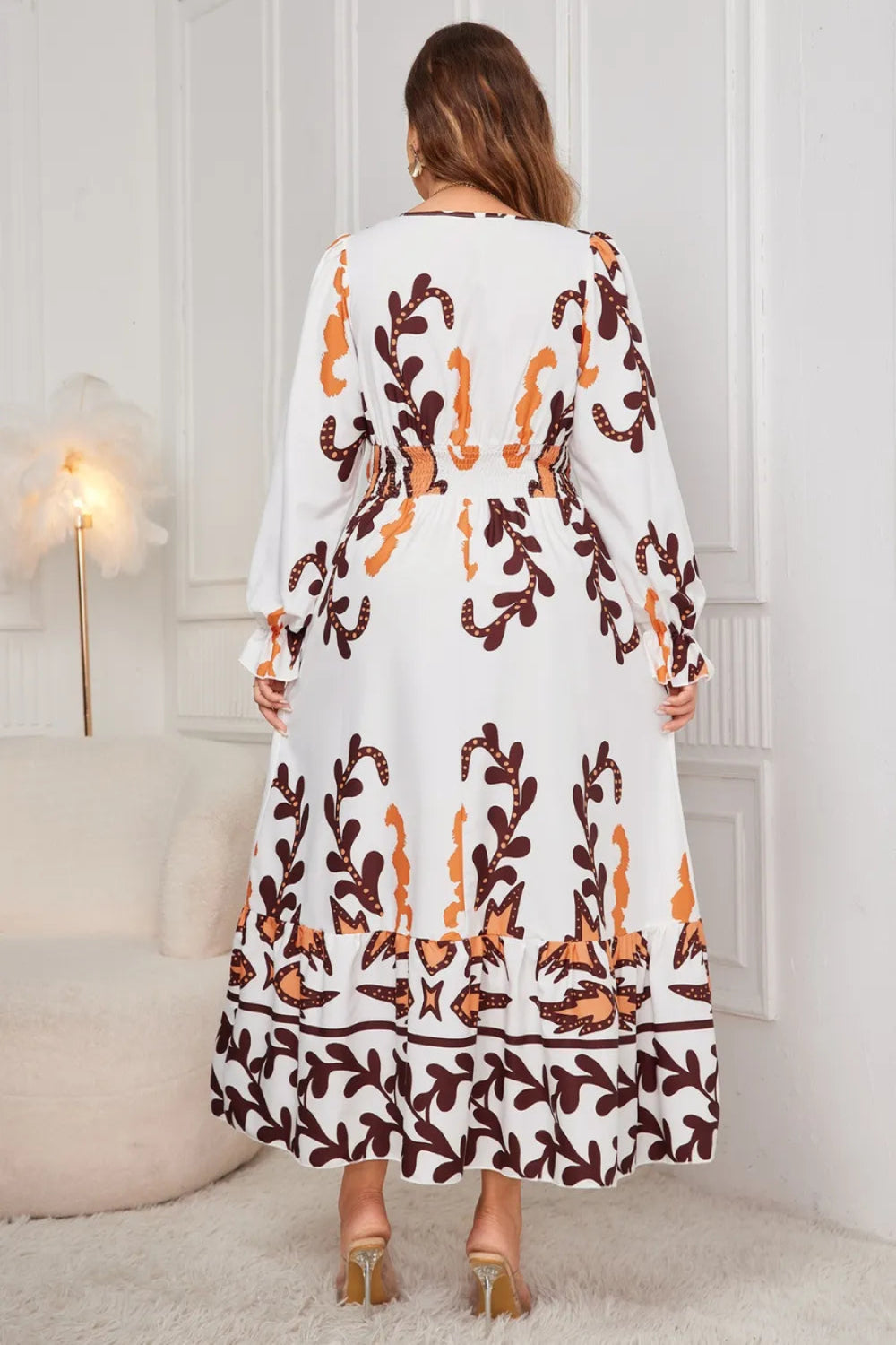 Plus Size Printed Surplice Dress with Flounce Sleeves