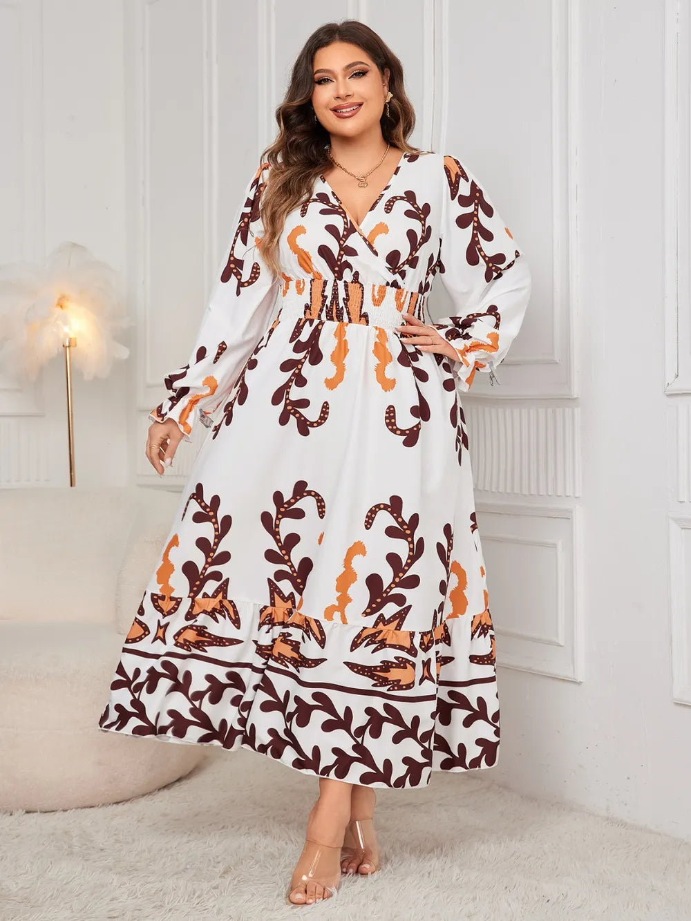 Plus Size Printed Surplice Dress with Flounce Sleeves