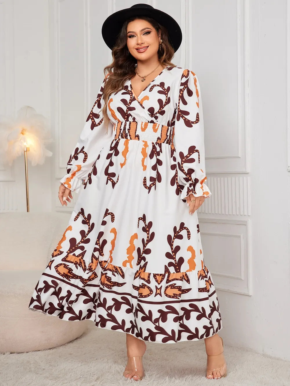 Plus Size Printed Surplice Dress with Flounce Sleeves