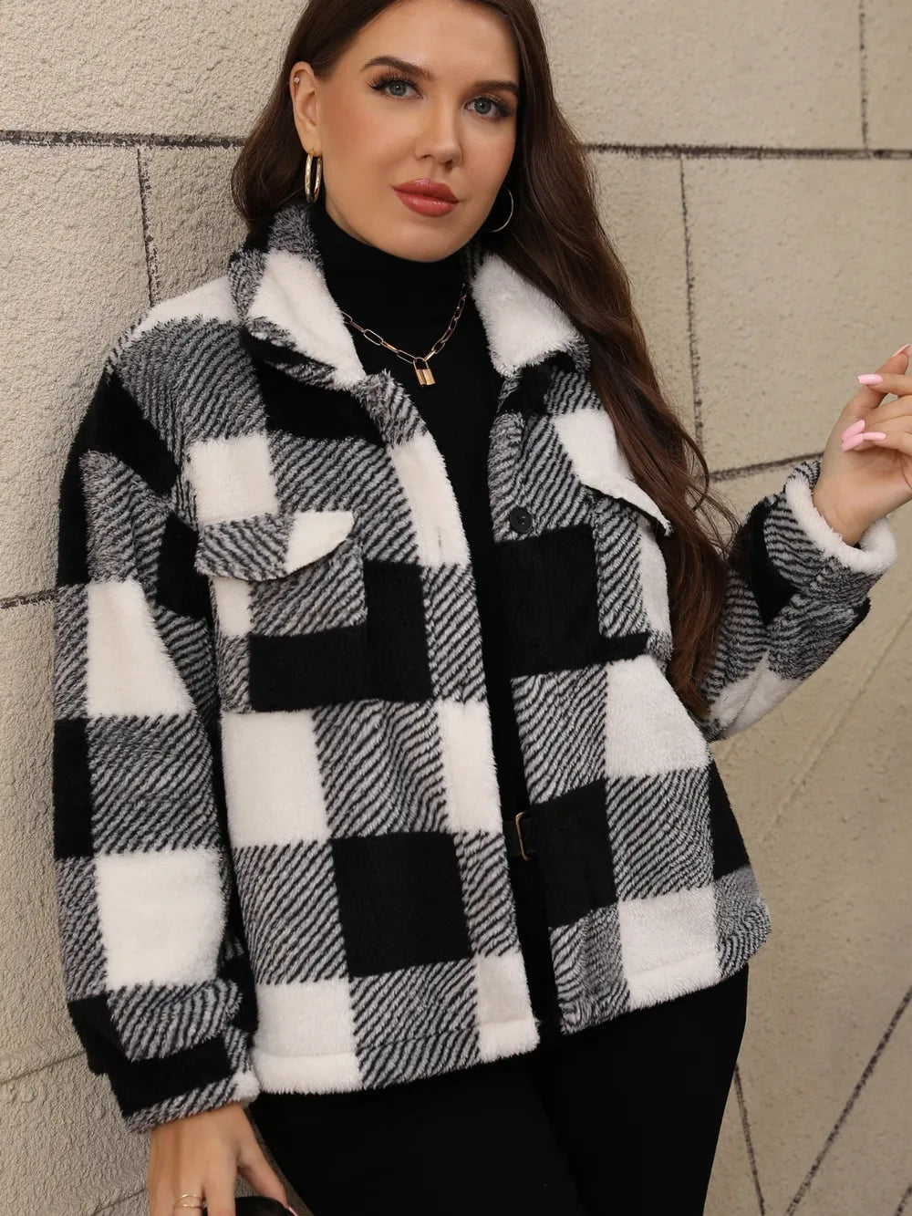 Pocketed Plaid Collared Neck Jacket | Deb Shops