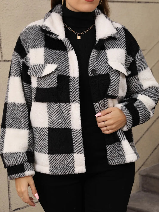 Pocketed Plaid Collared Neck Jacket | Deb Shops