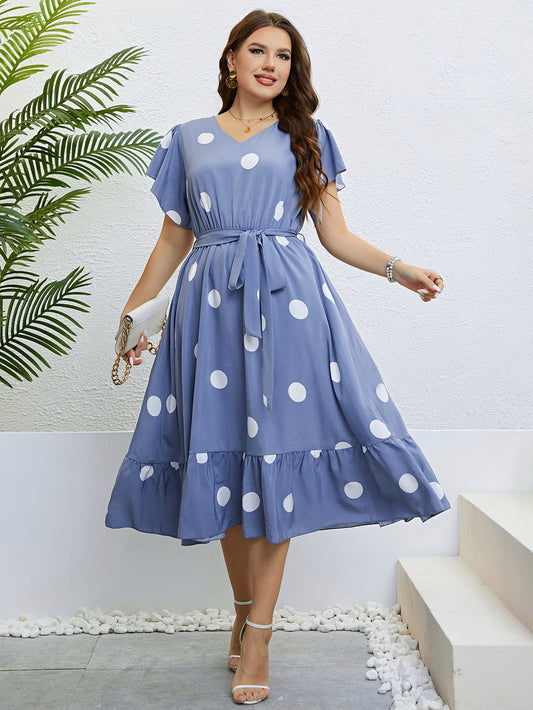 Polka Dot Belted Flutter Sleeve Ruffle Hem Dress | Deb Shops