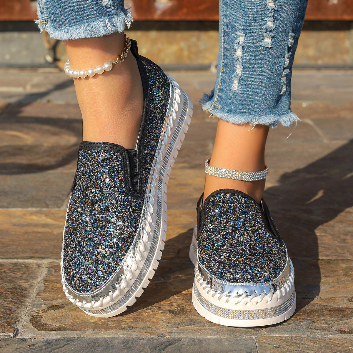Rhinestone Round Toe Platform Loafers | Deb Shops