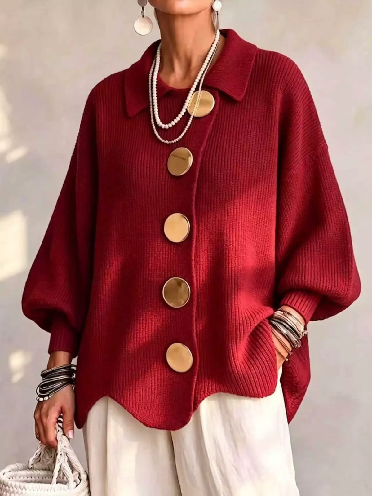 Ribbed Knit Gold-Button Cardigan