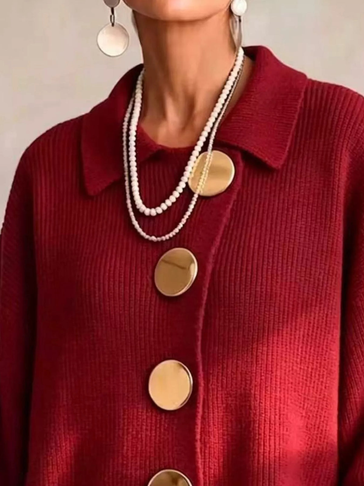 Ribbed Knit Gold-Button Cardigan