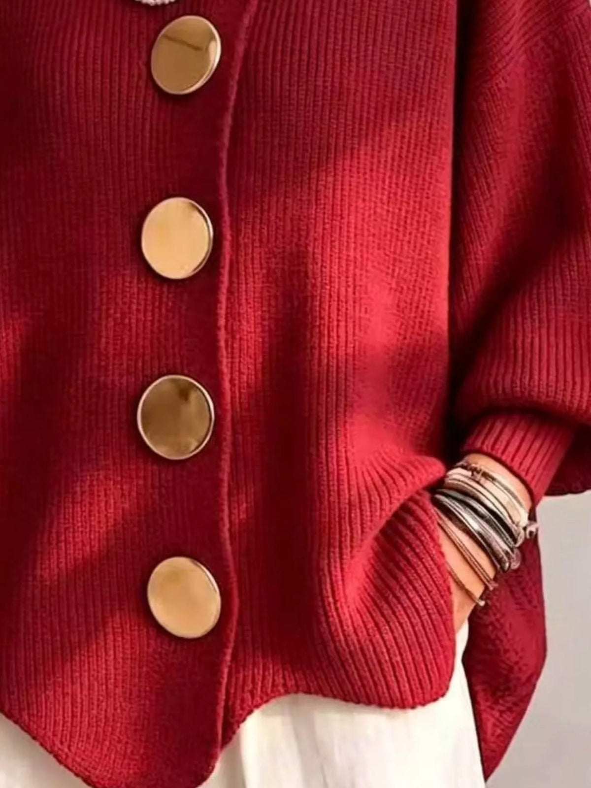 Ribbed Knit Gold-Button Cardigan
