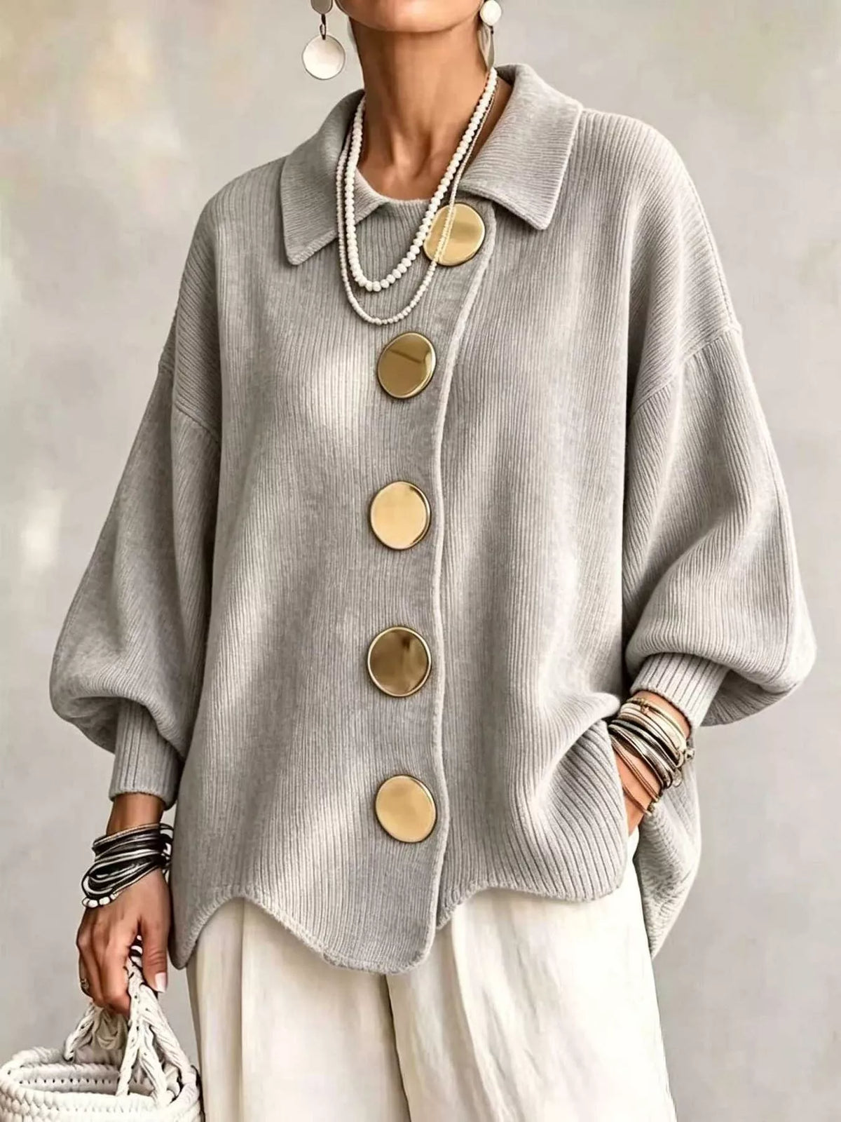 Ribbed Knit Gold-Button Cardigan