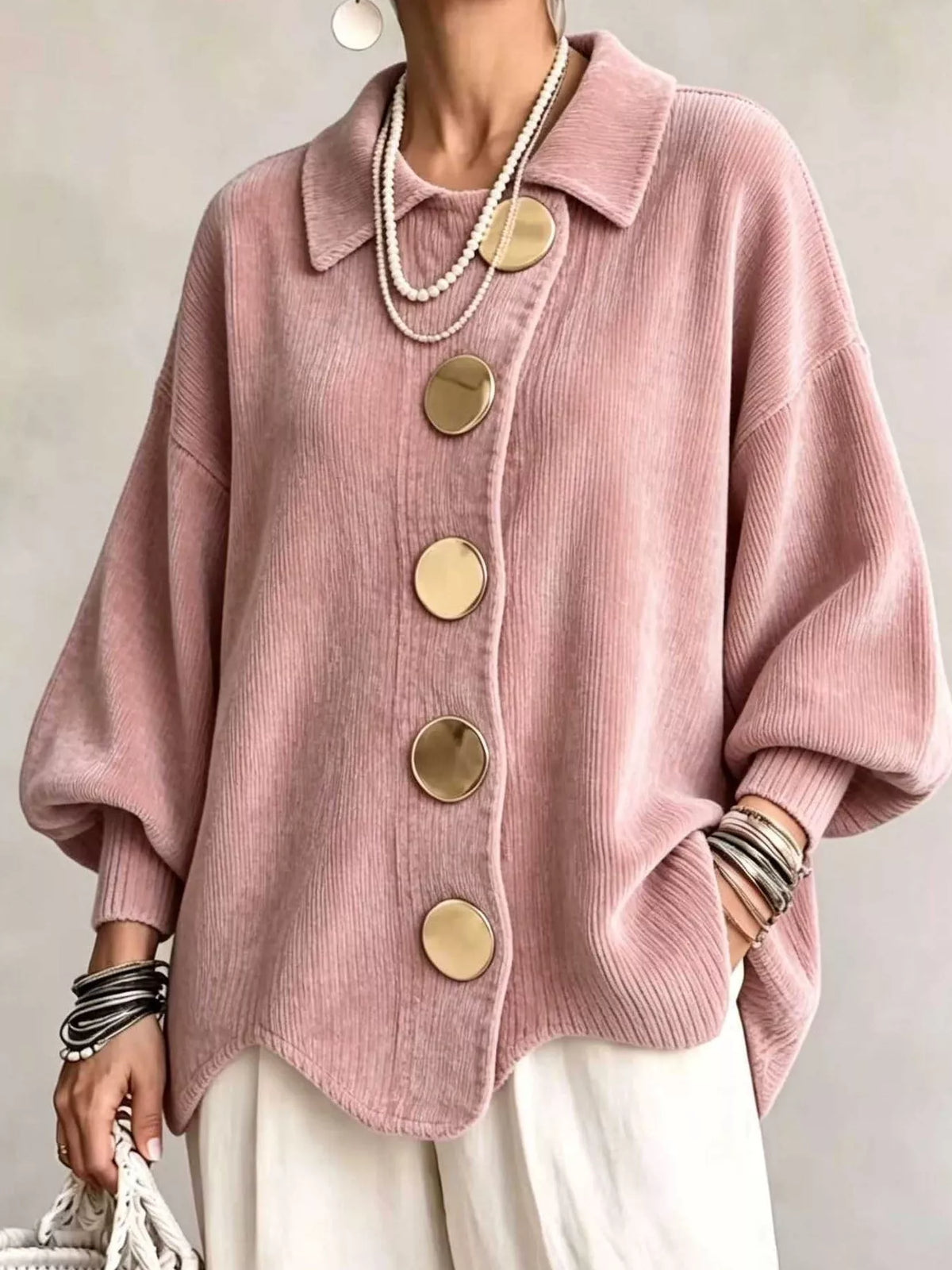 Ribbed Knit Gold-Button Cardigan