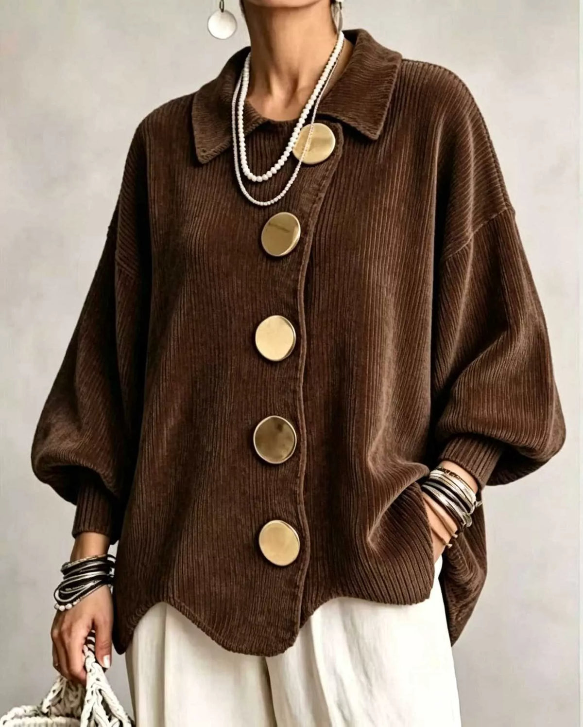 Ribbed Knit Gold-Button Cardigan