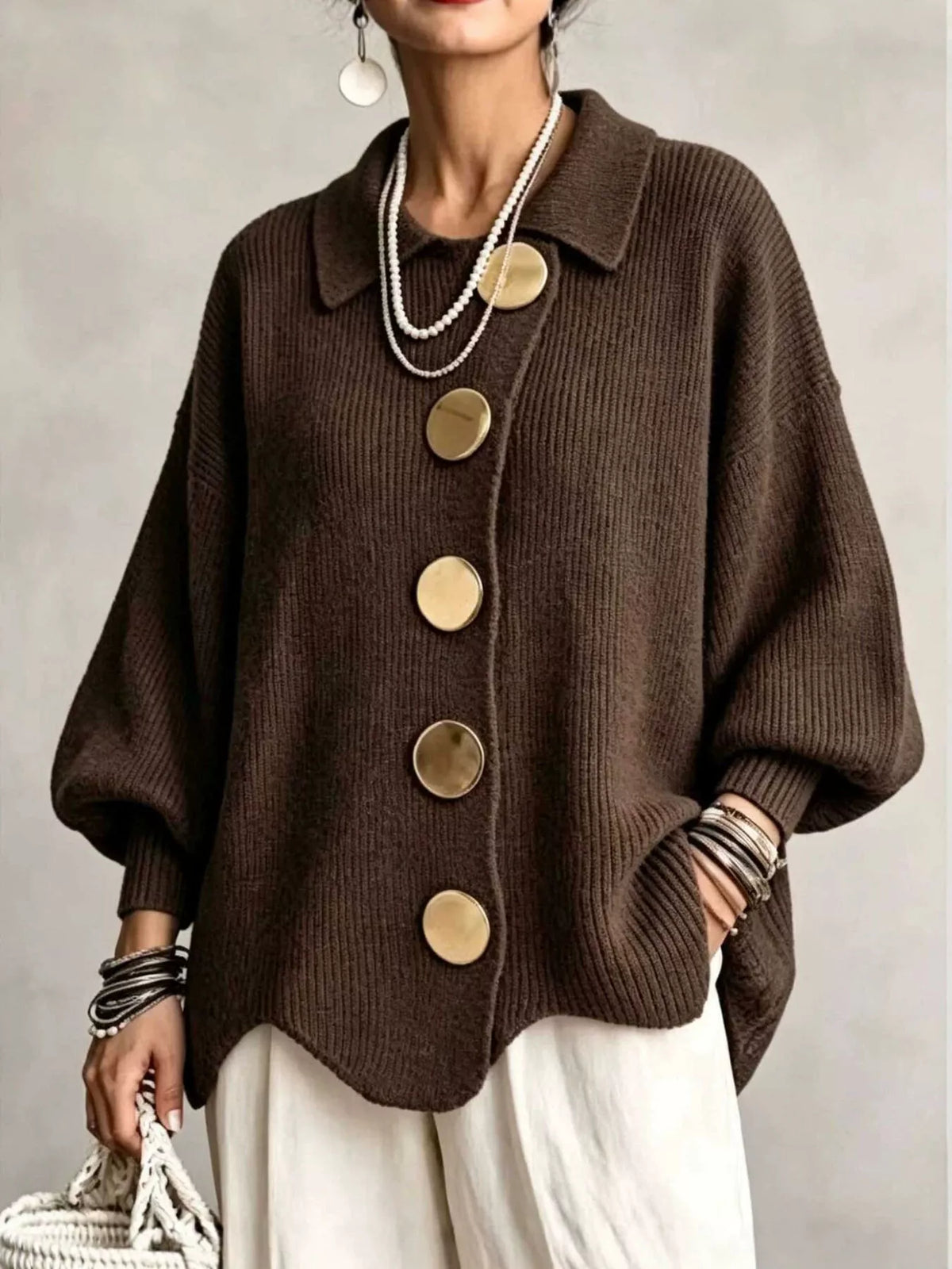 Ribbed Knit Gold-Button Cardigan