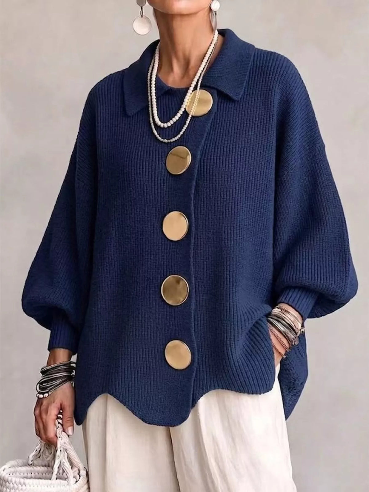 Ribbed Knit Gold-Button Cardigan