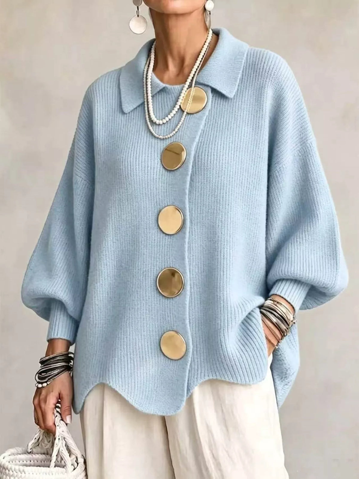 Ribbed Knit Gold-Button Cardigan