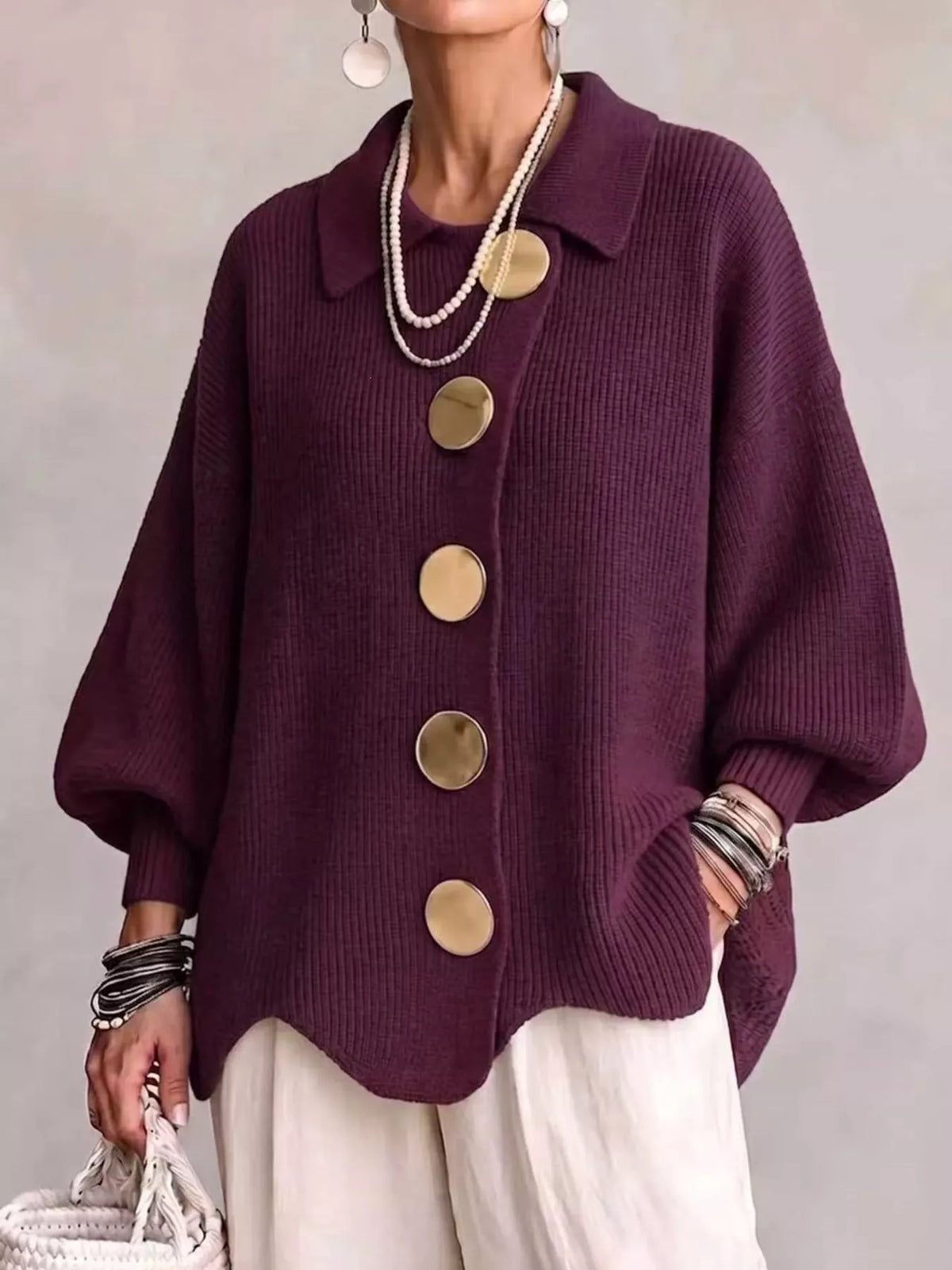 Ribbed Knit Gold-Button Cardigan