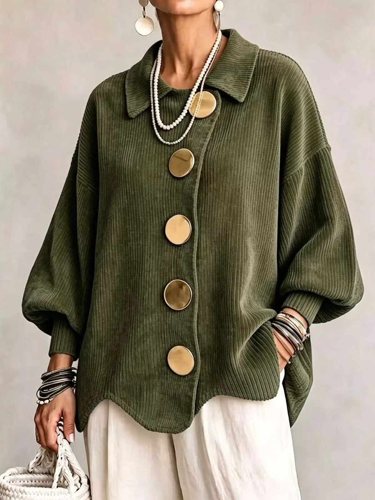 Ribbed Knit Gold-Button Cardigan