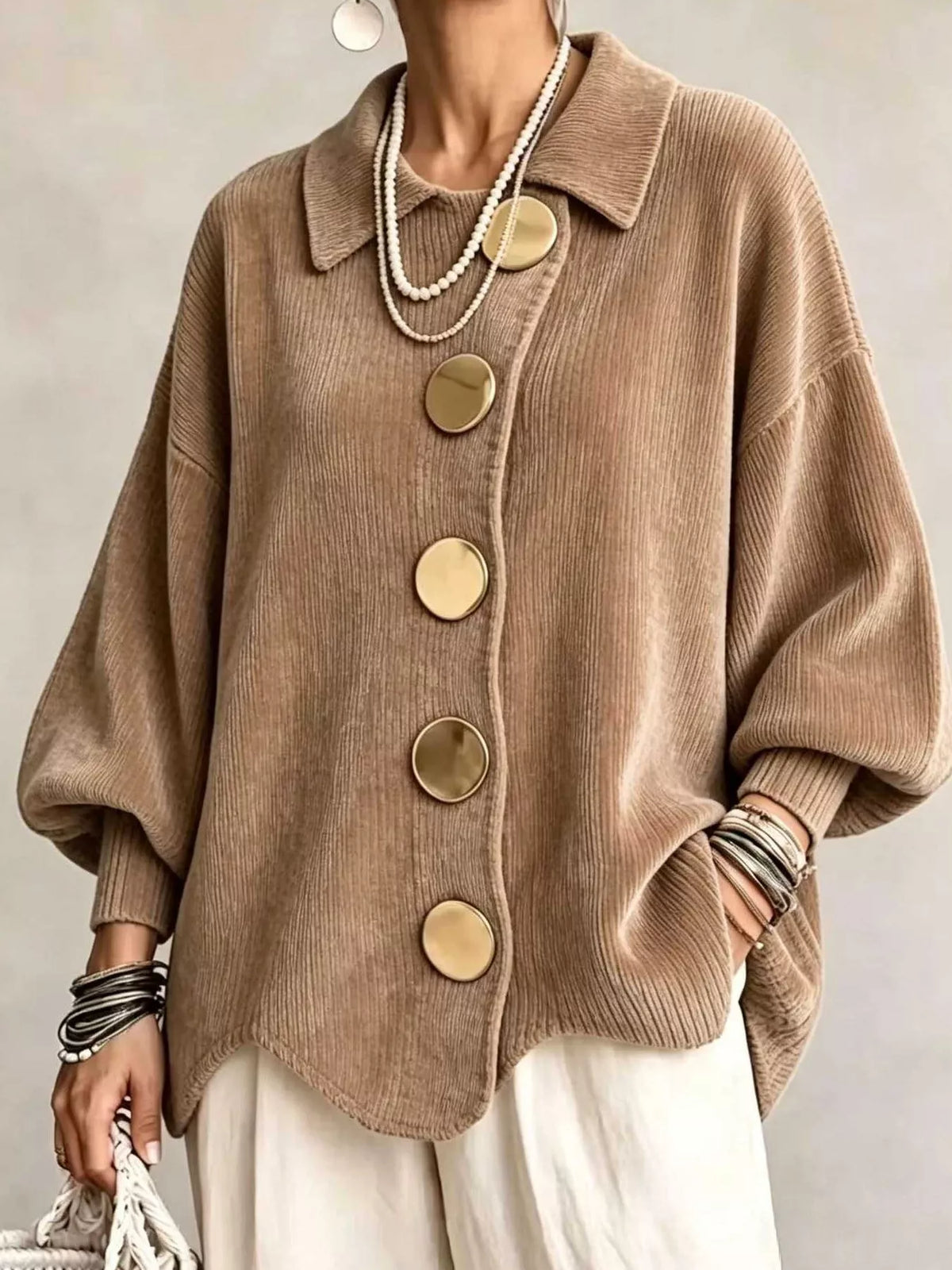 Ribbed Knit Gold-Button Cardigan