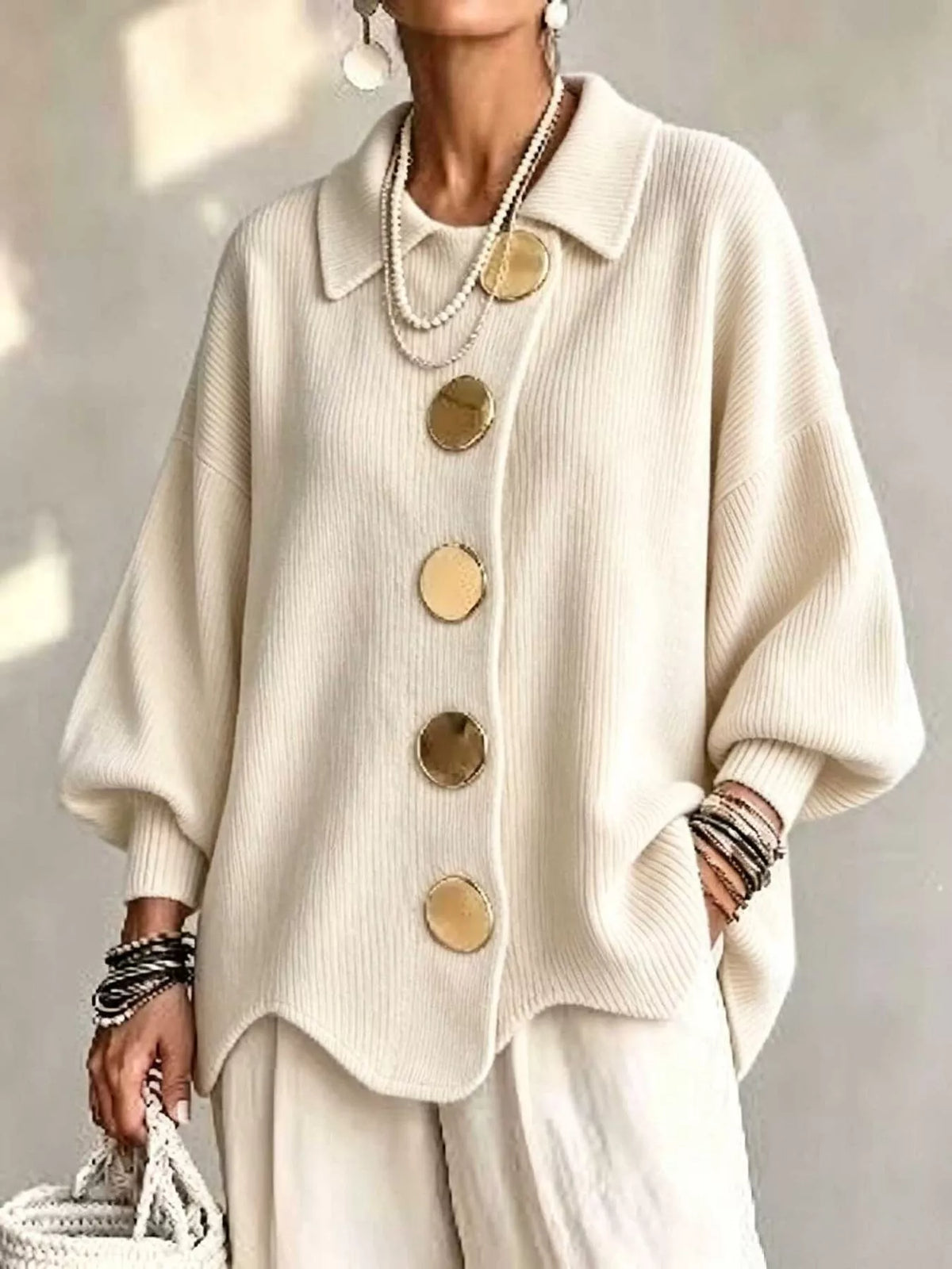 Ribbed Knit Gold-Button Cardigan