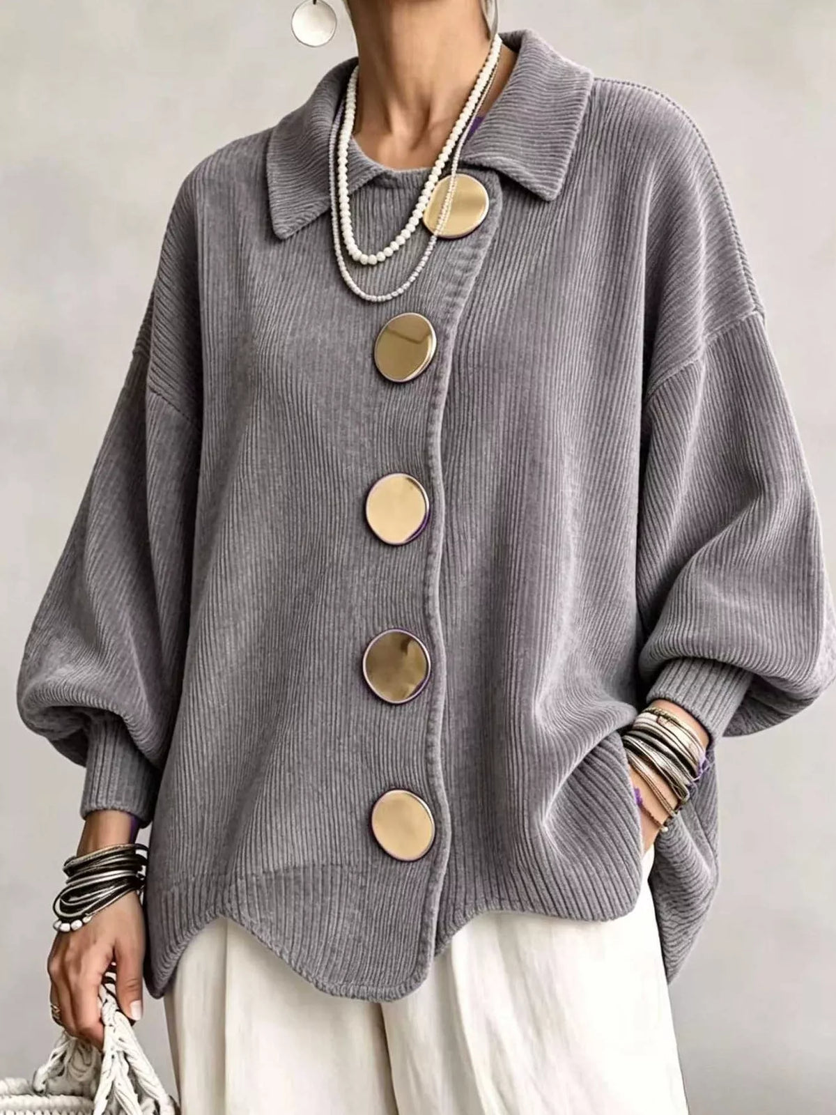 Ribbed Knit Gold-Button Cardigan
