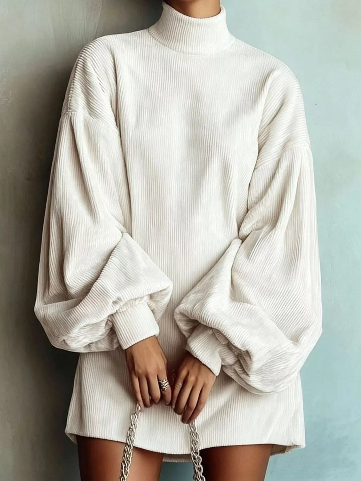 Ribbed Mock Neck Lantern Sleeve Mini Dress