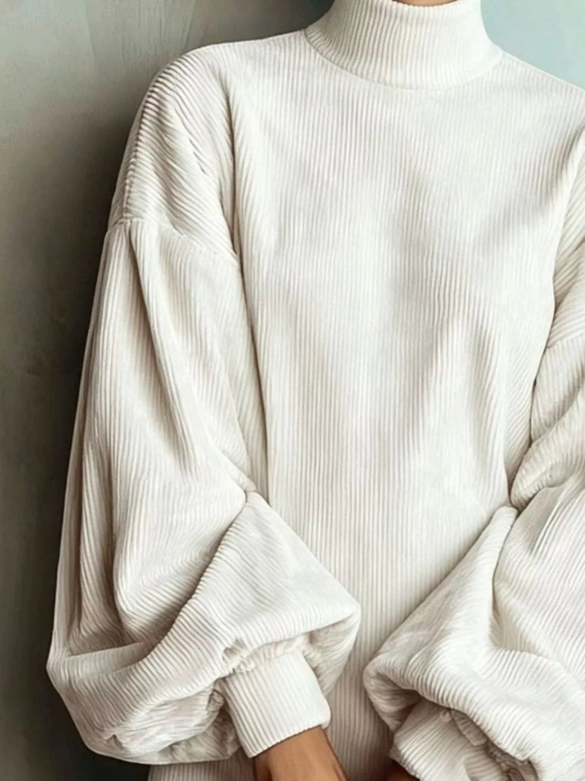 Ribbed Mock Neck Lantern Sleeve Mini Dress