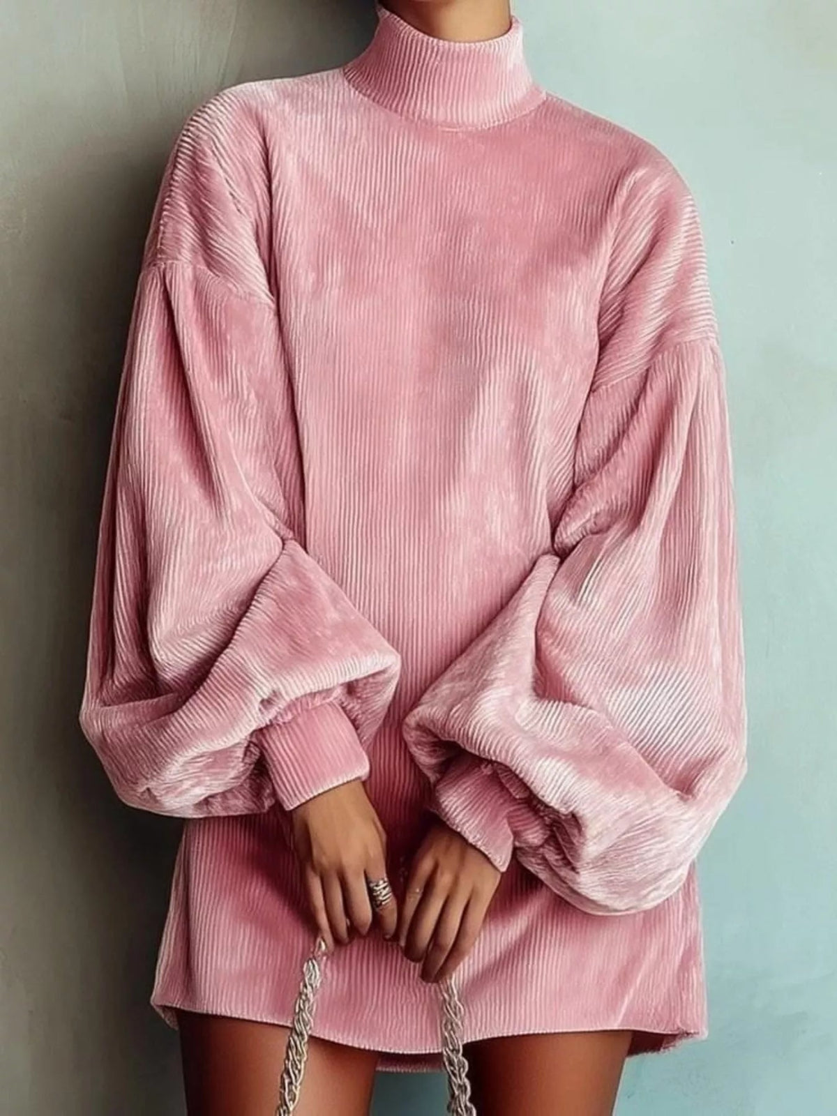 Ribbed Mock Neck Lantern Sleeve Mini Dress