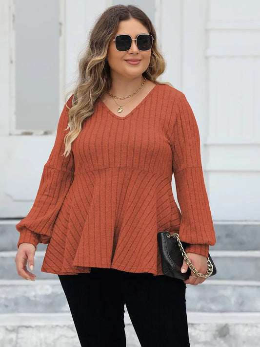 Ribbed V-Neck Long Sleeve Blouse | Deb Shops