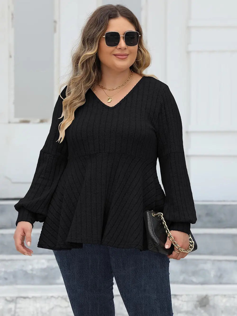 Ribbed V-Neck Long Sleeve Blouse | Deb Shops
