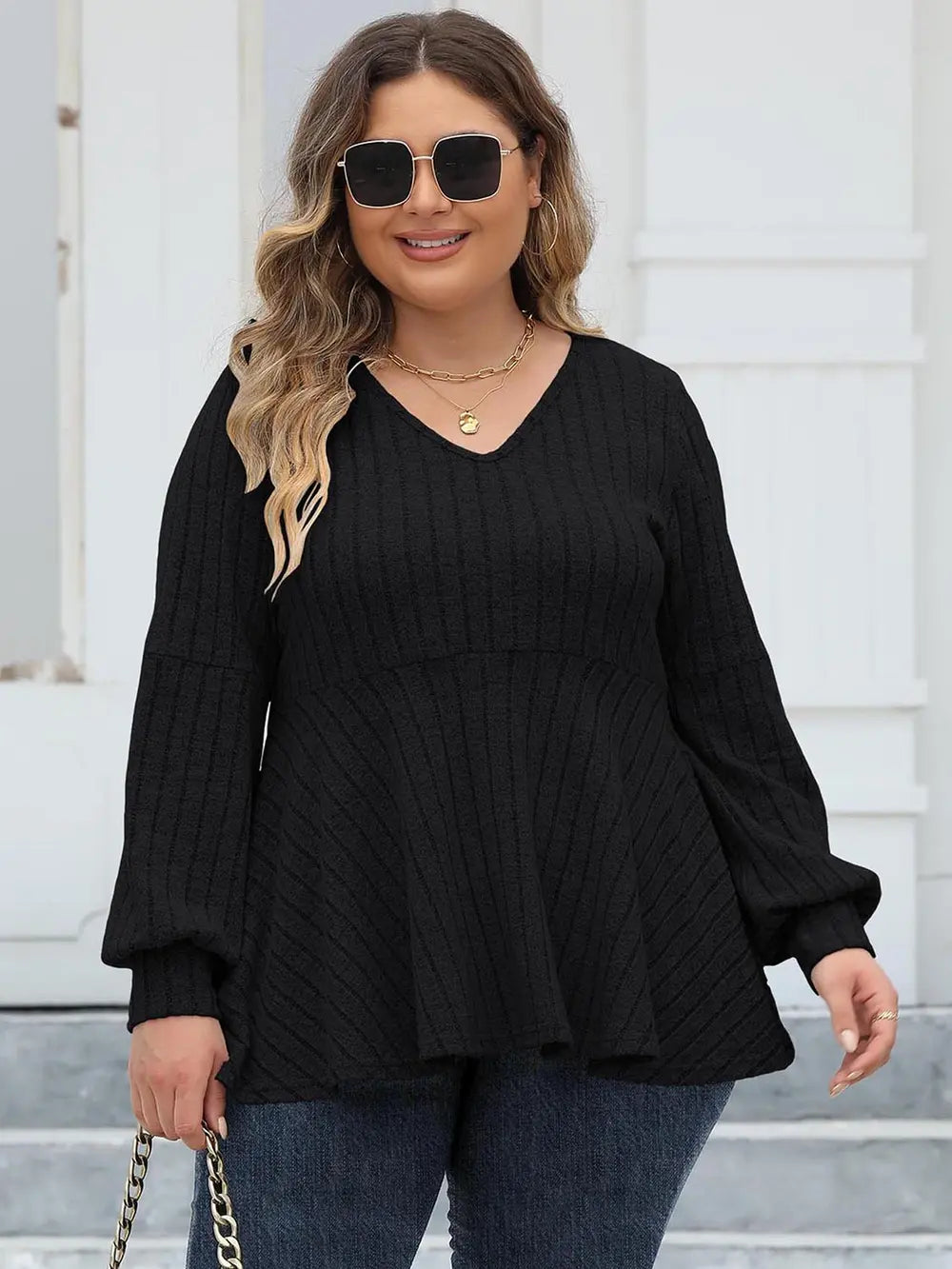 Ribbed V-Neck Long Sleeve Blouse | Deb Shops