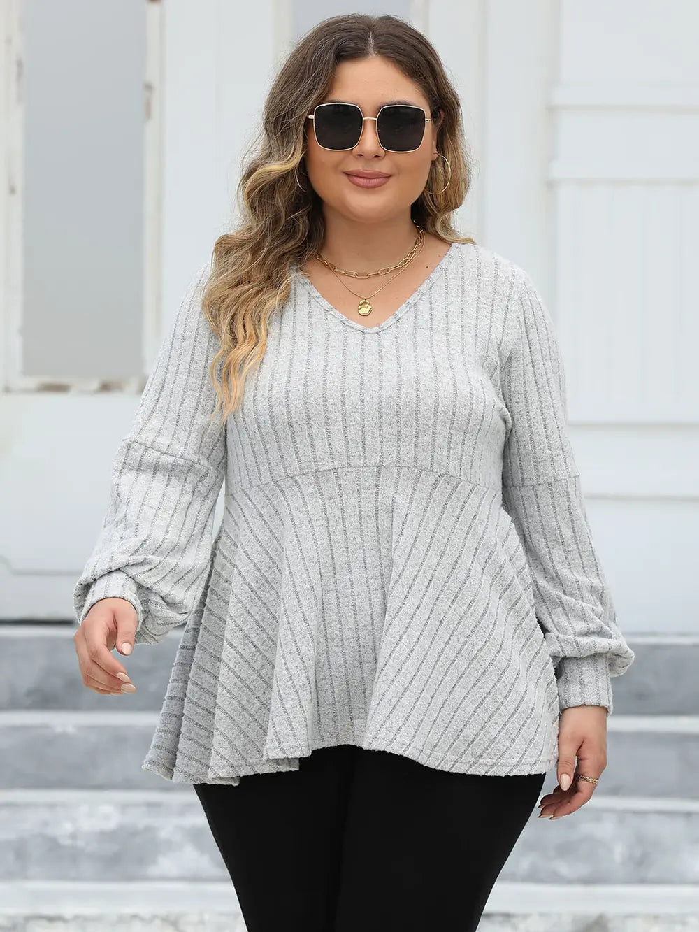 Ribbed V-Neck Long Sleeve Blouse | Deb Shops