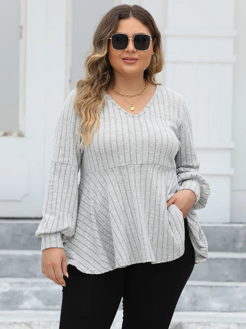 Ribbed V-Neck Long Sleeve Blouse | Deb Shops