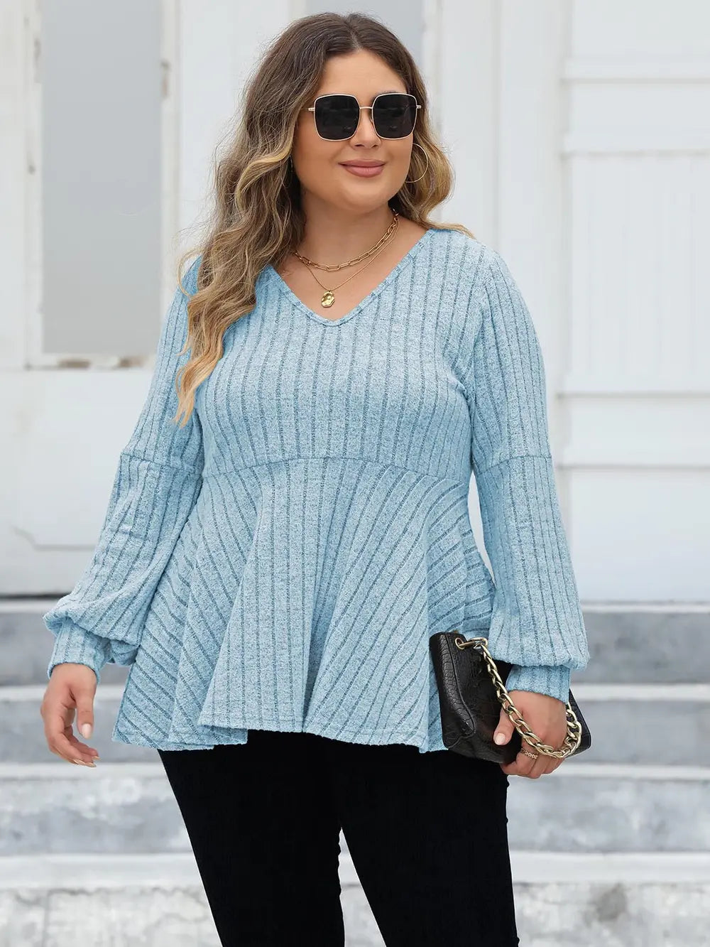 Ribbed V-Neck Long Sleeve Blouse | Deb Shops