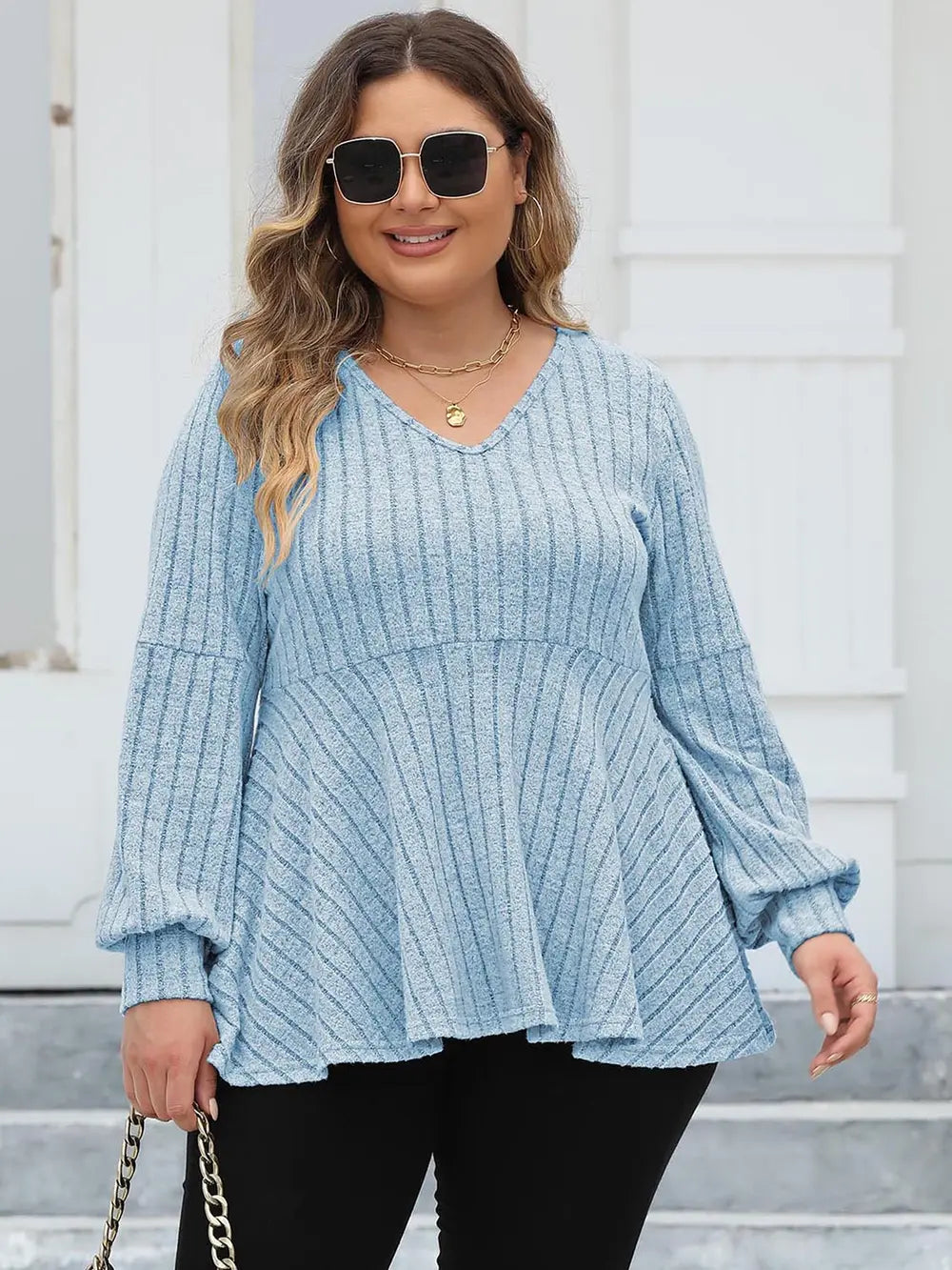 Ribbed V-Neck Long Sleeve Blouse | Deb Shops