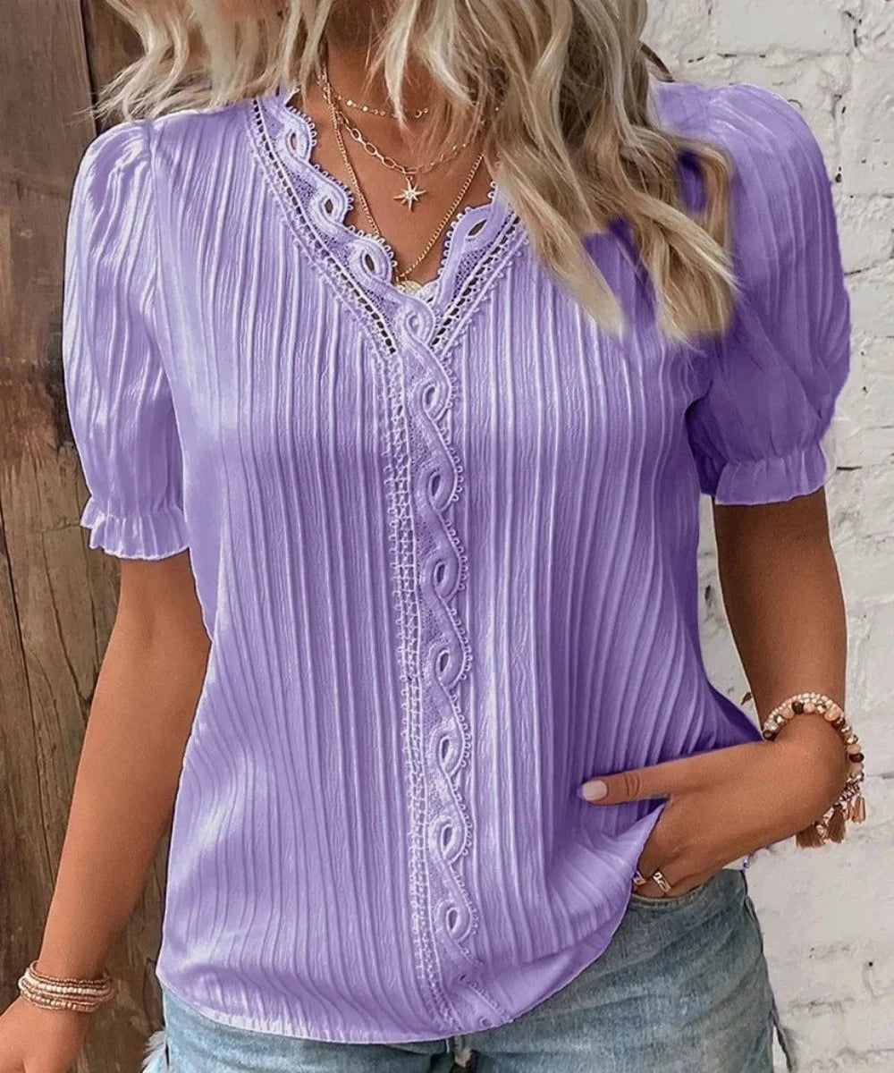 V-Neck Hollow Short Sleeve Splice Loose Street Blouse - Deb Shops