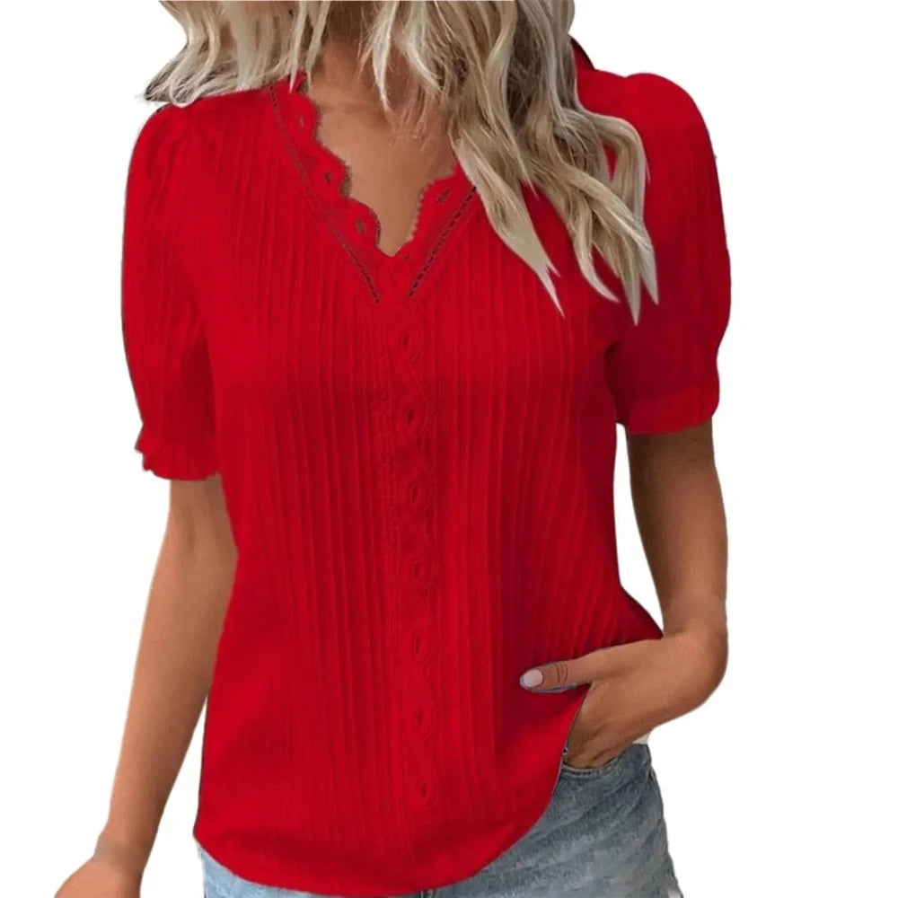 V-Neck Hollow Short Sleeve Splice Loose Street Blouse - Deb Shops