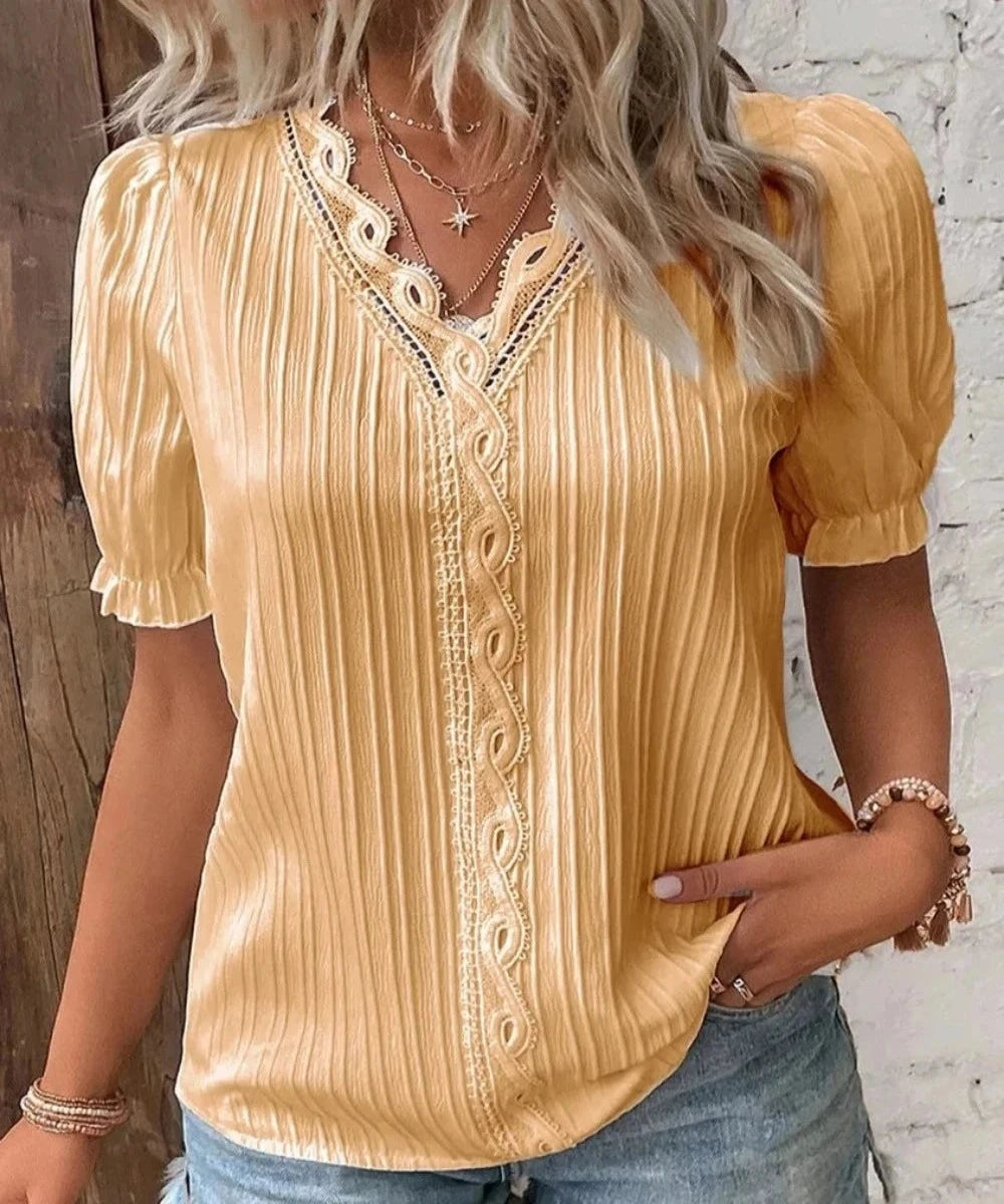V-Neck Hollow Short Sleeve Splice Loose Street Blouse - Deb Shops