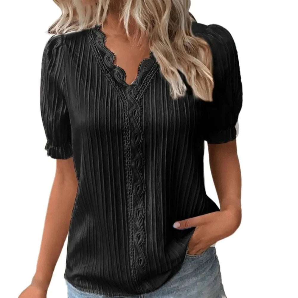 V-Neck Hollow Short Sleeve Splice Loose Street Blouse - Deb Shops