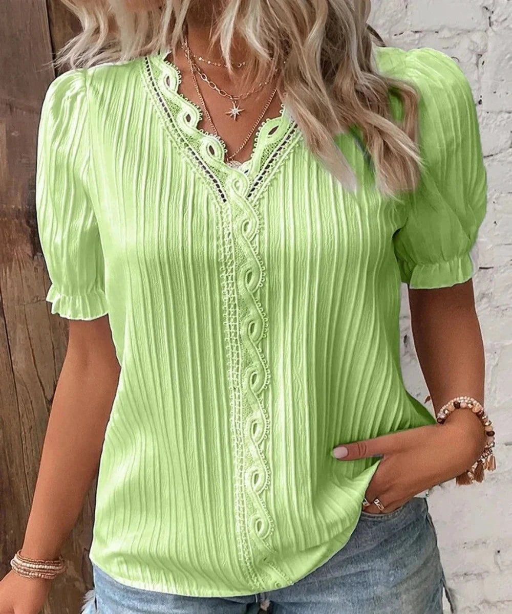V-Neck Hollow Short Sleeve Splice Loose Street Blouse - Deb Shops